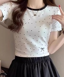 リボン刺繍 ドット柄 ピチ Tシャツ