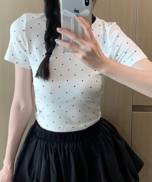Teem Store(チームストア)の「リボン刺繍 ドット柄 ピチ Tシャツ(Tシャツ/カットソー・レディース・ホワイト・S/M/L)」の5枚目の写真