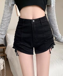 サイド紐シャーリングショート丈デニムパンツ