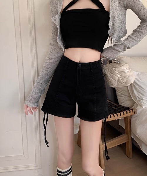 FREE STYLISTS（フリー スタイリスト）の「サイド紐シャーリングショート丈デニムパンツ（デニムパンツ・レディース・ブラック/ブルー/スミクロ・S/M/L/2XL/XL）」の6枚目の写真