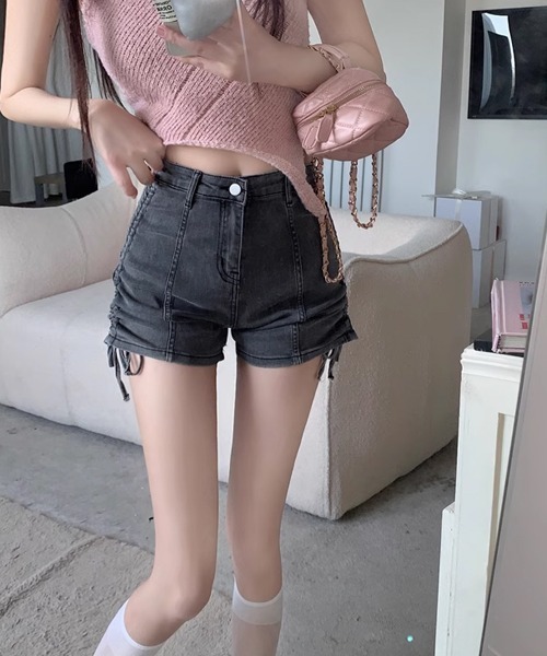 FREE STYLISTS（フリー スタイリスト）の「サイド紐シャーリングショート丈デニムパンツ（デニムパンツ・レディース・ブラック/ブルー/スミクロ・S/M/L/2XL/XL）」の12枚目の写真