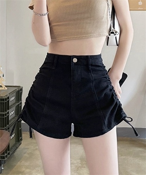 FREE STYLISTS（フリー スタイリスト）の「サイド紐シャーリングショート丈デニムパンツ（デニムパンツ・レディース・ブラック/ブルー/スミクロ・S/M/L/2XL/XL）」の7枚目の写真