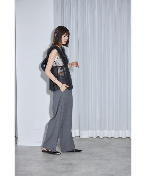 【 シンプリシテェ 】 美品 ロングジレ ベスト Vネック フリル 大人 leimn ベスト ジレ Vネックフリルチュールベスト レディース