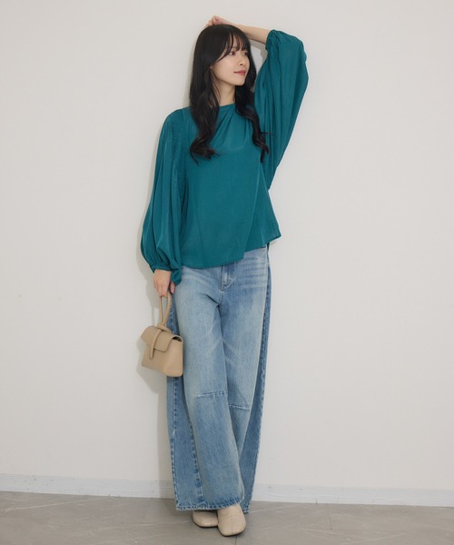 KATHARINE ROSS(キャサリンロス)の「【KATHARINE ROSS】キュプラ混ステッチギャザーブラウス(シャツ/ブラウス・レディース・グリーン/ブラック・MEDIUM)」の6枚目の写真