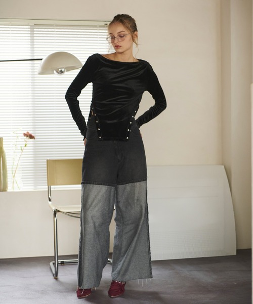 セール】side slit velours tops/ サイドスリットベロアトップス（T