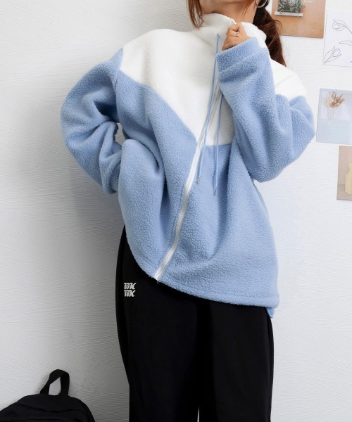 Miniministore（ミニミニストア）の「スタンドカラーボアジャケット バイカラー（ブルゾン・レディース・ブルー/ピンク・FREE）」の4枚目の写真