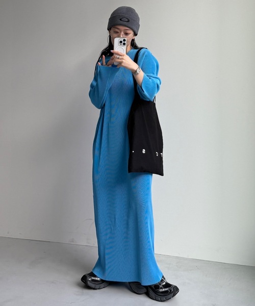 wee9s（ウィークス）の「【セルフカット可能】daily daily super stretch crew neck pleats one piece / デイリーデイリースーパーストレッチクルーネックプリーツワンピース（ワンピース・レディース・アッシュグレー/スカイブルー/ブラック/レッド/ネイビー/ボルドー/アイボリー/ダークグリーン/ブルー/ライトブルー・FREE/LONG）」の14枚目の写真