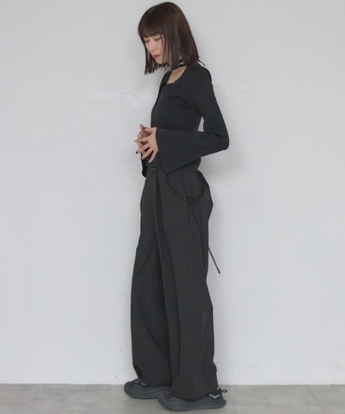 leimn（レイムン）の「レイヤード風リブトップ（タイ付き）（Tシャツ/カットソー・レディース・ブラック/オフホワイト・FREE）」の7枚目の写真