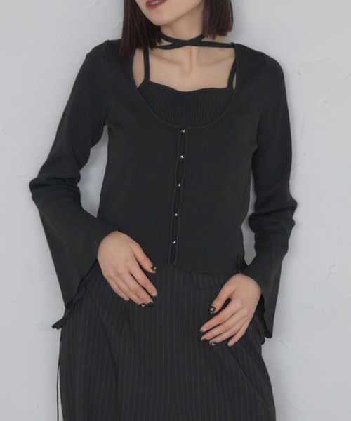 leimn（レイムン）の「レイヤード風リブトップ（タイ付き）（Tシャツ/カットソー・レディース・ブラック/オフホワイト・FREE）」の6枚目の写真