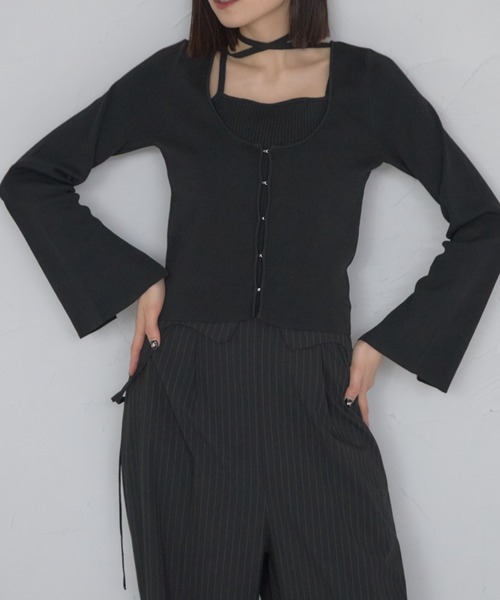 leimn（レイムン）の「レイヤード風リブトップ（タイ付き）（Tシャツ/カットソー・レディース・ブラック/オフホワイト・FREE）」の10枚目の写真