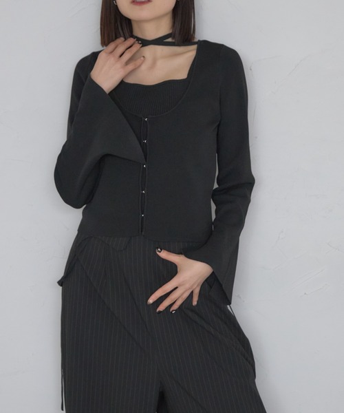 leimn（レイムン）の「レイヤード風リブトップ（タイ付き）（Tシャツ/カットソー・レディース・ブラック/オフホワイト・FREE）」の9枚目の写真