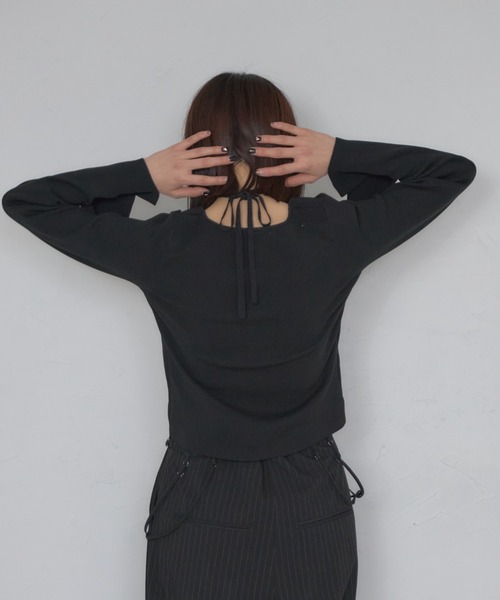 leimn（レイムン）の「レイヤード風リブトップ（タイ付き）（Tシャツ/カットソー・レディース・ブラック/オフホワイト・FREE）」の3枚目の写真