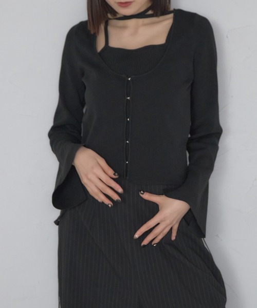 leimn（レイムン）の「レイヤード風リブトップ（タイ付き）（Tシャツ/カットソー・レディース・ブラック/オフホワイト・FREE）」の4枚目の写真