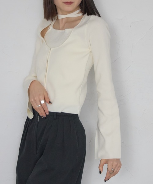 leimn（レイムン）の「レイヤード風リブトップ（タイ付き）（Tシャツ/カットソー・レディース・ブラック/オフホワイト・FREE）」の15枚目の写真