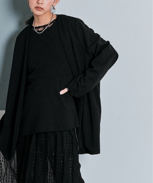 W:Huku(フーク)の「ノーカラー オバーシルエット ジャケット(ノーカラージャケット・レディース・ブラック/チャコール/ライトグレー・FREE)」の2枚目の写真