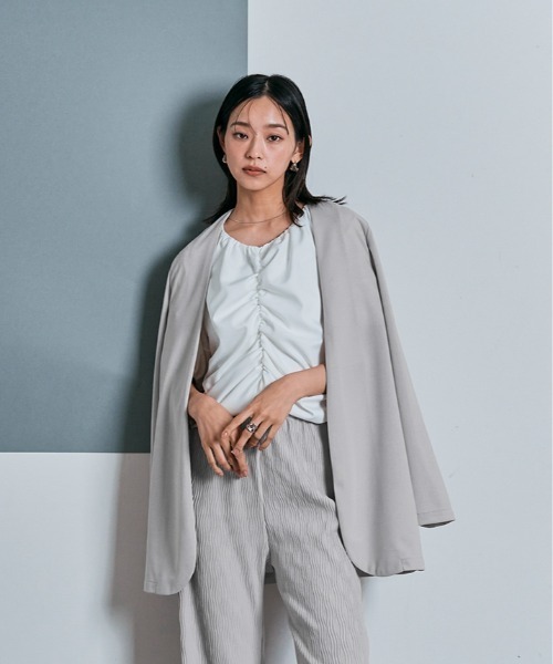 W:Huku(フーク)の「ノーカラー オバーシルエット ジャケット(ノーカラージャケット・レディース・ブラック/チャコール/ライトグレー・FREE)」の5枚目の写真