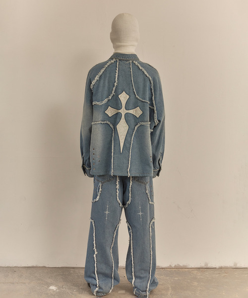 LIBERE（リベーレ）の「LIBERE リベーレ / DESTROYED CROSS DENIM PANTS リラックスフィットワイドストレートデニムパンツ / 251316-251317（デニムパンツ・メンズ・ブラック/ブルー・LARGE/SMALL/MEDIUM）」の22枚目の写真