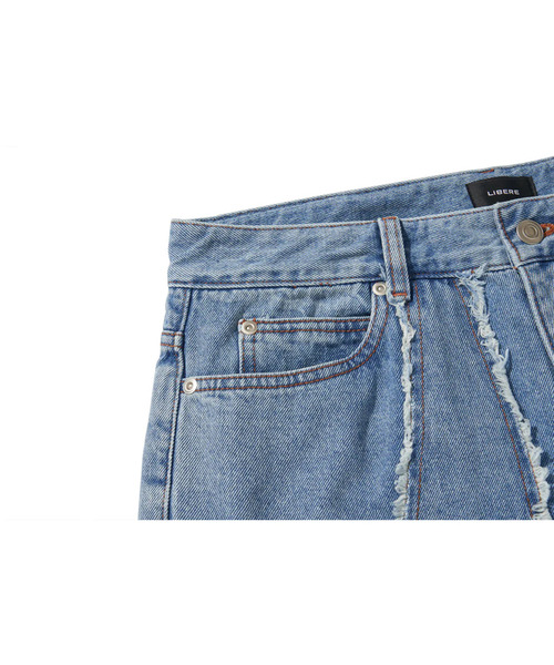 LIBERE（リベーレ）の「LIBERE リベーレ / DESTROYED CROSS DENIM PANTS リラックスフィットワイドストレートデニムパンツ / 251316-251317（デニムパンツ・メンズ・ブラック/ブルー・LARGE/SMALL/MEDIUM）」の8枚目の写真