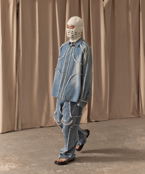 LIBERE（リベーレ）の「LIBERE リベーレ / DESTROYED CROSS DENIM PANTS リラックスフィットワイドストレートデニムパンツ / 251316-251317（デニムパンツ・メンズ・ブラック/ブルー・LARGE/SMALL/MEDIUM）」の4枚目の写真