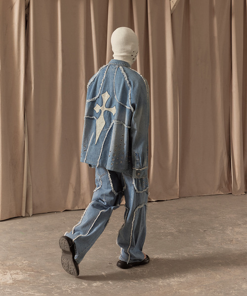 LIBERE（リベーレ）の「LIBERE リベーレ / DESTROYED CROSS DENIM PANTS リラックスフィットワイドストレートデニムパンツ / 251316-251317（デニムパンツ・メンズ・ブラック/ブルー・LARGE/SMALL/MEDIUM）」の3枚目の写真