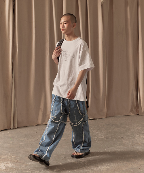 LIBERE（リベーレ）の「LIBERE リベーレ / DESTROYED CROSS DENIM PANTS リラックスフィットワイドストレートデニムパンツ / 251316-251317（デニムパンツ・メンズ・ブラック/ブルー・LARGE/SMALL/MEDIUM）」の6枚目の写真