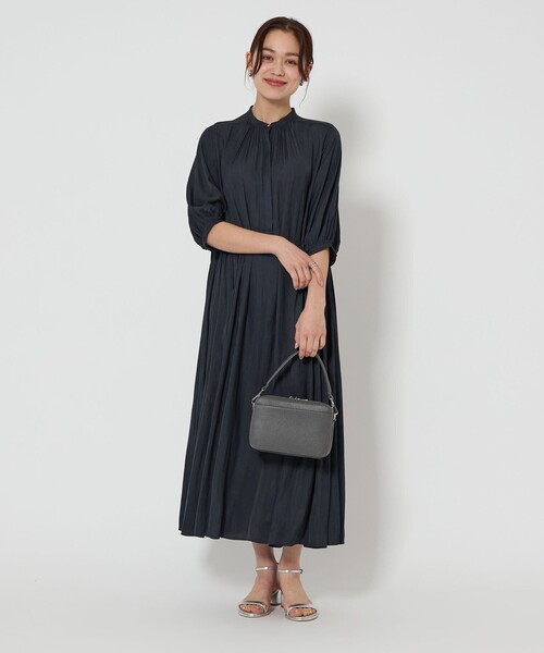 フリンジ付き黒ロングドレス　グリーンレーベルリラクシング　オケージョンワンピース セール】サテン ギャザー ショートスリーブ ワンピース
