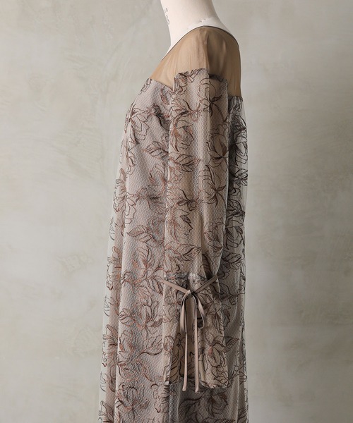 フラワー刺繍 袖リボン ドレス ワンピース パーティー ドレス 結婚式