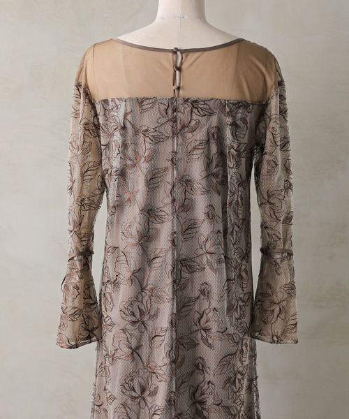 フラワー刺繍 袖リボン ドレス ワンピース パーティー ドレス 結婚式