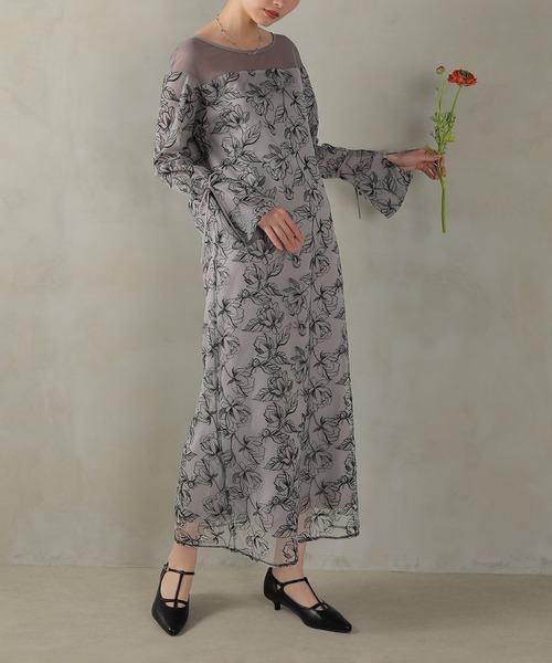 Kana（カナ）の「フラワー刺繍 袖リボン ドレス ワンピース パーティー ドレス 結婚式 お呼ばれ オケージョン（ドレス・レディース・イエロー/ライトグレー/ブラウン・M/S）」の9枚目の写真