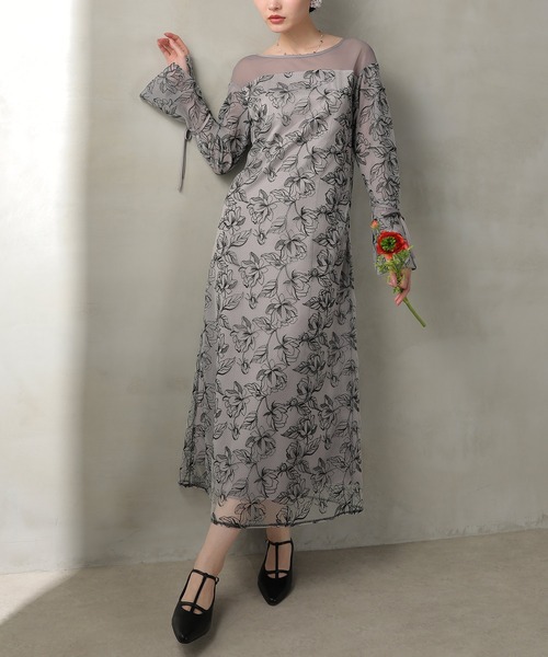 Kana（カナ）の「フラワー刺繍 袖リボン ドレス ワンピース パーティー ドレス 結婚式 お呼ばれ オケージョン（ドレス・レディース・イエロー/ライトグレー/ブラウン・M/S）」の7枚目の写真