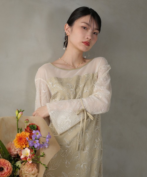 セール】フラワー刺繍 袖リボン ドレス ワンピース パーティー ドレス