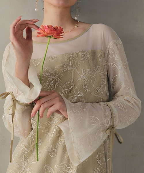 Kana（カナ）の「フラワー刺繍 袖リボン ドレス ワンピース パーティー ドレス 結婚式 お呼ばれ オケージョン（ドレス・レディース・イエロー/ライトグレー/ブラウン・M/S）」の22枚目の写真