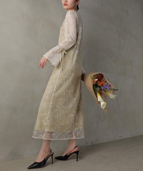 Kana（カナ）の「フラワー刺繍 袖リボン ドレス ワンピース パーティー ドレス 結婚式 お呼ばれ オケージョン（ドレス・レディース・イエロー/ライトグレー/ブラウン・M/S）」の19枚目の写真
