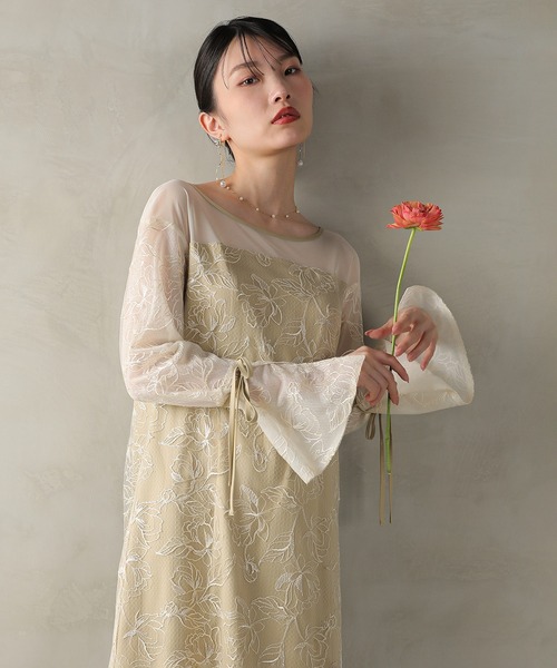 フラワー刺繍 袖リボン ドレス ワンピース パーティー ドレス 結婚式