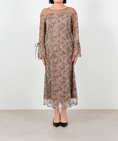 セール】フラワー刺繍 袖リボン ドレス ワンピース パーティー ドレス