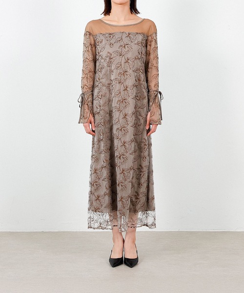 フラワー刺繍 袖リボン ドレス ワンピース パーティー ドレス 結婚式 お呼ばれ フラワー刺繍 袖リボン ドレス ワンピース パーティー ドレス 結婚式