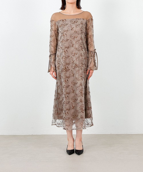 セール】フラワー刺繍 袖リボン ドレス ワンピース パーティー ドレス