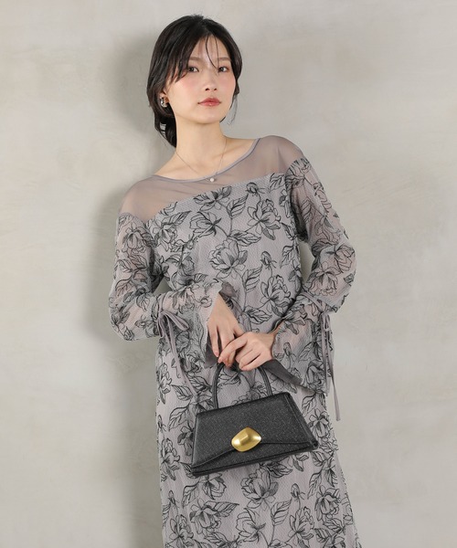 セール】フラワー刺繍 袖リボン ドレス ワンピース パーティー ドレス