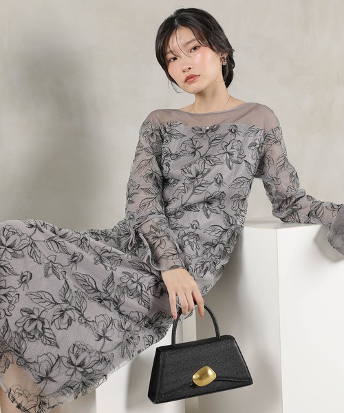 フラワー刺繍 袖リボン ドレス ワンピース パーティー ドレス 結婚式