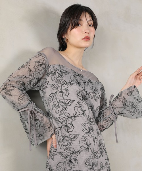 フラワー刺繍 袖リボン ドレス ワンピース パーティー ドレス 結婚式 お呼ばれ セール】フラワー刺繍 袖リボン ドレス ワンピース パーティー ドレス