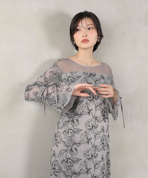 フラワー刺繍 袖リボン ドレス ワンピース パーティー ドレス 結婚式