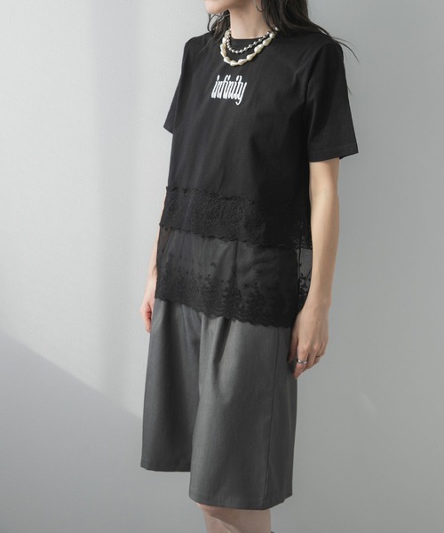 bohmal（ボマール）の「ロゴ刺繍裾レース付きTシャツ（Tシャツ/カットソー・レディース・ホワイト/ブラック・FREE）」の9枚目の写真