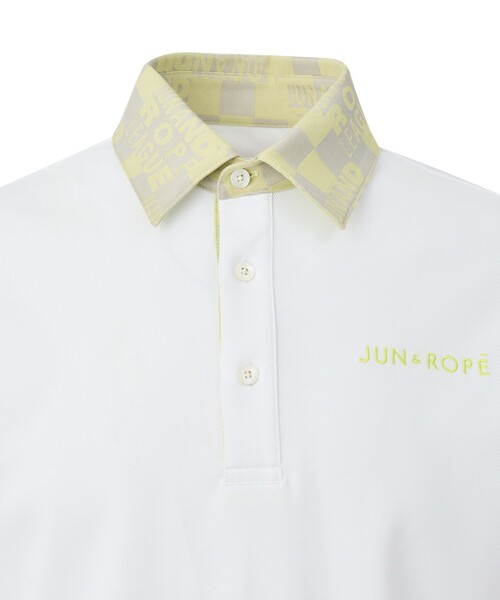 JUN&ROPE' ジッパー付きポロシャツ ホワイト セール】【UV】【吸水速乾】チェッカージャガード衿半袖ポロシャツ