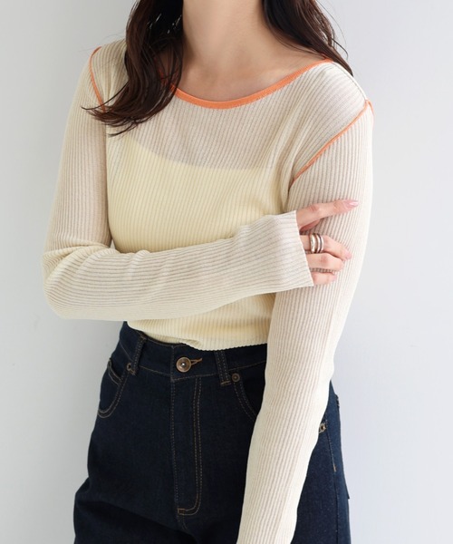 andme(アンドミー)の「シアーバイカラー長袖ニットトップス(ニット/セーター・レディース・ブラウン/ブラック×ホワイト/アイボリー/グレー・M)」の4枚目の写真