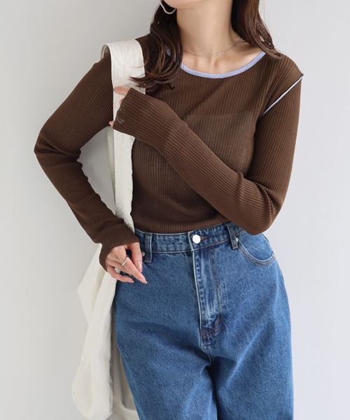 andme(アンドミー)の「シアーバイカラー長袖ニットトップス(ニット/セーター・レディース・ブラウン/ブラック×ホワイト/アイボリー/グレー・M)」の12枚目の写真
