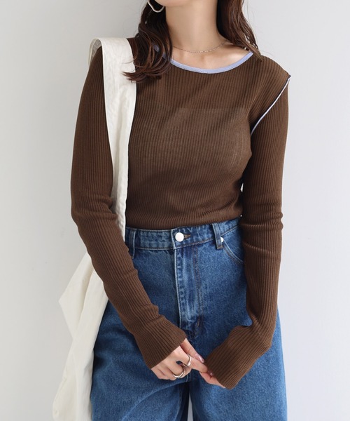 andme(アンドミー)の「シアーバイカラー長袖ニットトップス(ニット/セーター・レディース・ブラウン/ブラック×ホワイト/アイボリー/グレー・M)」の15枚目の写真