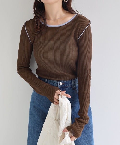 andme(アンドミー)の「シアーバイカラー長袖ニットトップス(ニット/セーター・レディース・ブラウン/ブラック×ホワイト/アイボリー/グレー・M)」の16枚目の写真