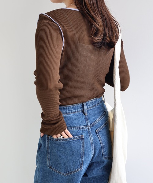 andme(アンドミー)の「シアーバイカラー長袖ニットトップス(ニット/セーター・レディース・ブラウン/ブラック×ホワイト/アイボリー/グレー・M)」の17枚目の写真