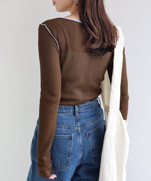 andme(アンドミー)の「シアーバイカラー長袖ニットトップス(ニット/セーター・レディース・ブラウン/ブラック×ホワイト/アイボリー/グレー・M)」の14枚目の写真