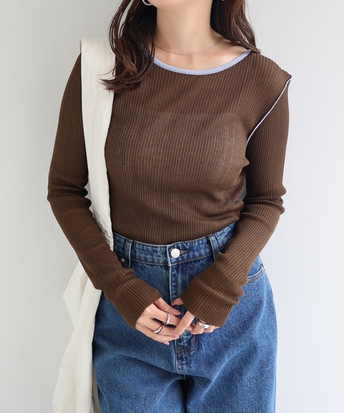 andme(アンドミー)の「シアーバイカラー長袖ニットトップス(ニット/セーター・レディース・ブラウン/ブラック×ホワイト/アイボリー/グレー・M)」の13枚目の写真